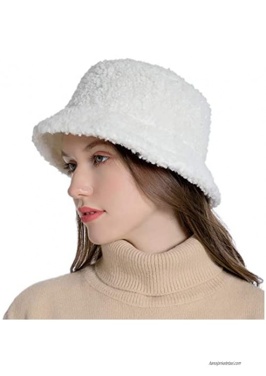Women Winter Bucket Hat Vintage Cloche Hats Warm Faux Fur Wool Outdoor Fisherman Cap