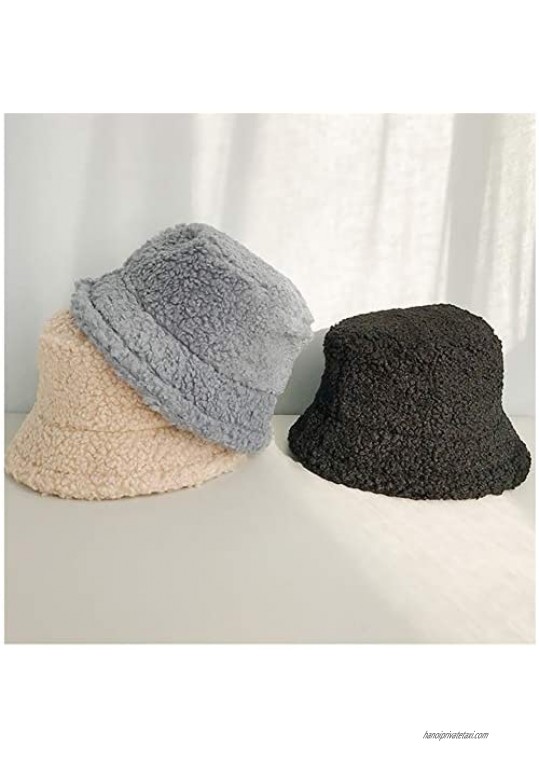 Womens Lambs Wool Bucket Hat Japanese Cute Girls Outdoor Sports Fisherman Cap for Women Casual Winter Warm Hat