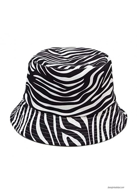 Zebra Print Bucket Hat Funny Animal Pattern Fisherman Cap Reversible Packable Sun Hats for Women Men White