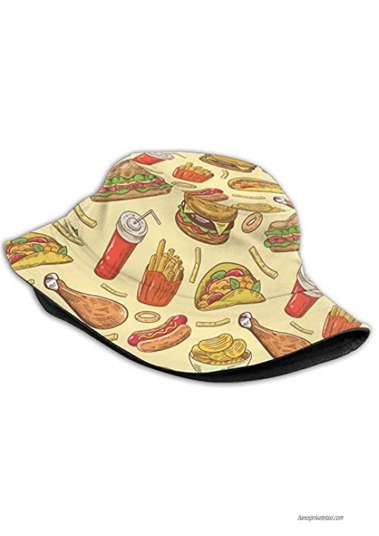 ZREXUO Fast Food Unisex Print Single-Side-Wear Fashion Bucket Hat Many Patterns