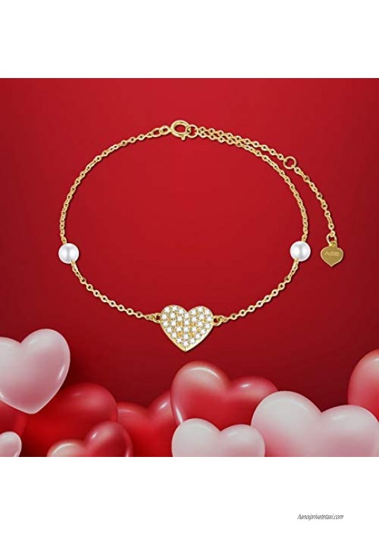 10k Gold Anklets for Women Real Gold Created Moissanite Heart Ankle Bracelet with Pearl Love Jewelry Gifts for Her 8.6-10.2 Inch