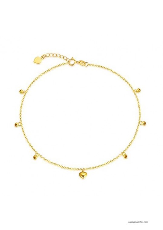 18k Yellow Gold Heart Anklets for Women  Real Fine Jewelry Ankle Bracelet with Beads  8.4"-10"