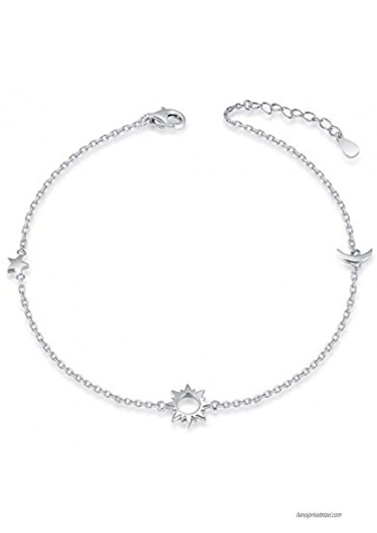 925 Sterling Silver Ankle Bracelets Moon Star Sun Universe/Flower/Sunflower/Heart/Sideway Cross Adjustable Anklet Jewelry Foot Chain for Women Girls 9+1inch