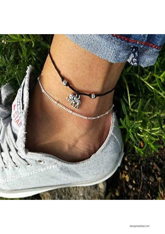 Aluinn Elephant Layered Anklet Fashion Black Rope Beaded Ankle Bracelet Silver Ankle Chain for Women and Teen Girls