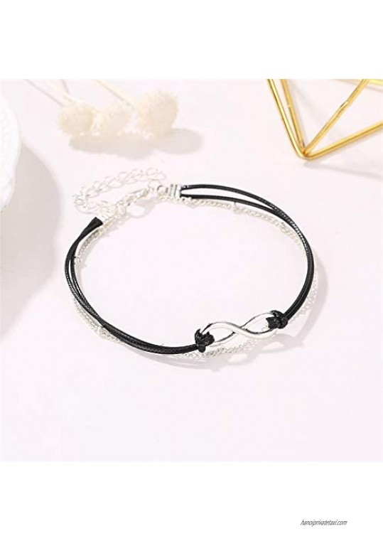 Anglacesmade Bohemia Layered Black Leather Anklet Infinity Knot Charm Pendant Foot Chain Boho Beach Foot Jewelry for Women and Girls