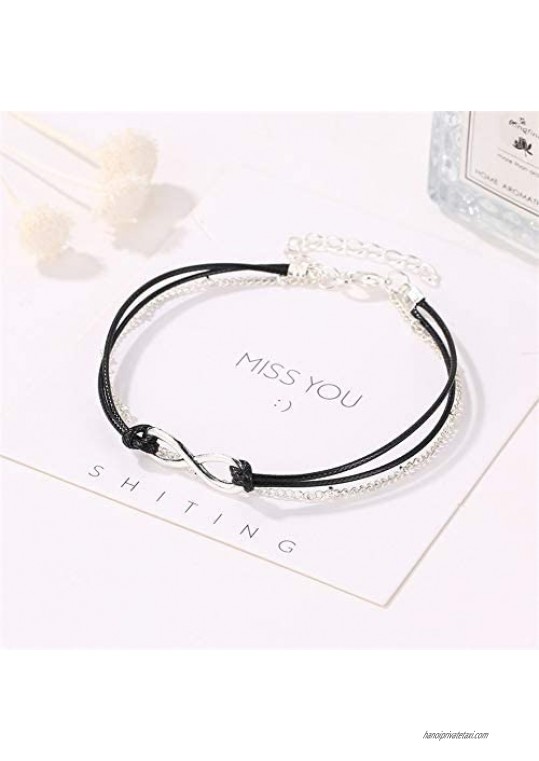 Anglacesmade Bohemia Layered Black Leather Anklet Infinity Knot Charm Pendant Foot Chain Boho Beach Foot Jewelry for Women and Girls