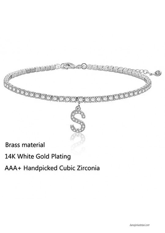 Ankle Bracelets for Women Initial Anklet AAA+ Cubic Zirconia Stones Tennis Chain Letter Anklet with Initials Cute Summer Anklets 14K Gold Plated Anklets Bracelets for Women Gifts