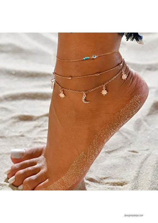 Bemoly Gold Anklet 14K Gold Plated Boho Beach Simple Dainty Charm Cute Tiny Lucky Star Turquoise Eye Zircon Handmade Foot Jewelry for Women