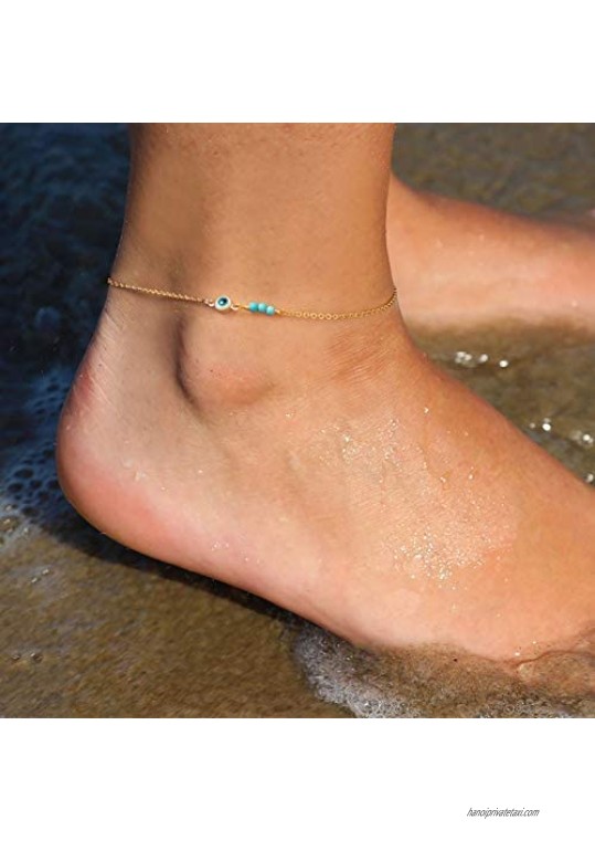 Bemoly Gold Anklet 14K Gold Plated Boho Beach Simple Dainty Charm Cute Tiny Lucky Star Turquoise Eye Zircon Handmade Foot Jewelry for Women