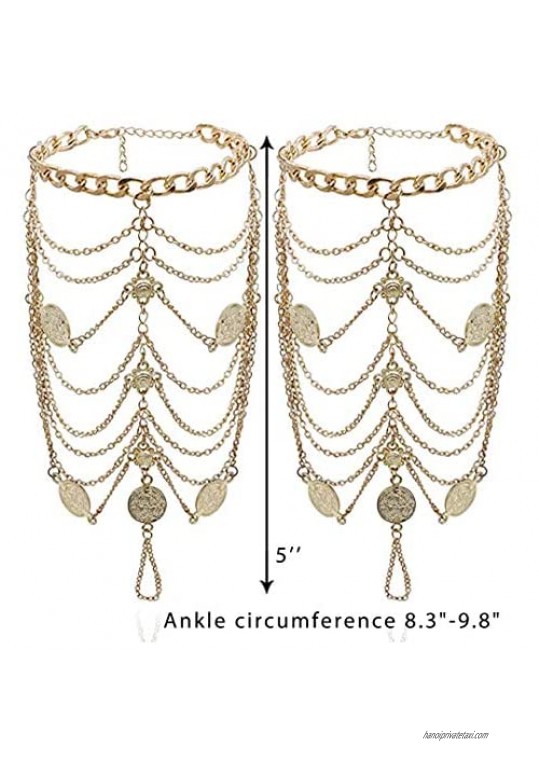 Campsis Boho Layered Coins Anklet Gold Tassel Ankle Chain Beach Barefoot Foot Jewelry for Women and Girls
