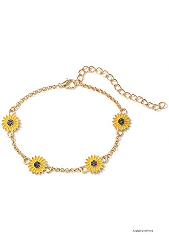 cmoonry Gold Chain Anklets 8.7“+2” Fashion White/Gold Sunflowers Charm Ankle Bracelets for Women Summer Beach Jewelry