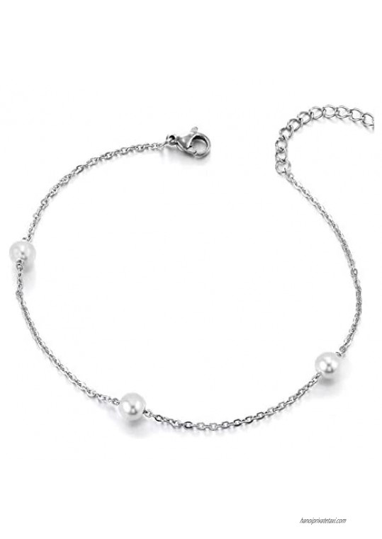 COOLSTEELANDBEYOND Elegant Stainless Steel Link Chain Anklet Bracelet with Charms of Pearls  Adjustable