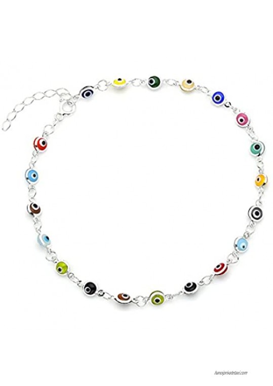 D Jewelry Multi-Color Guardian Eye Talisman Small Beads Anklet Bracelet on 925 Sterling Silver Adjustable 8.5" - 9.5"