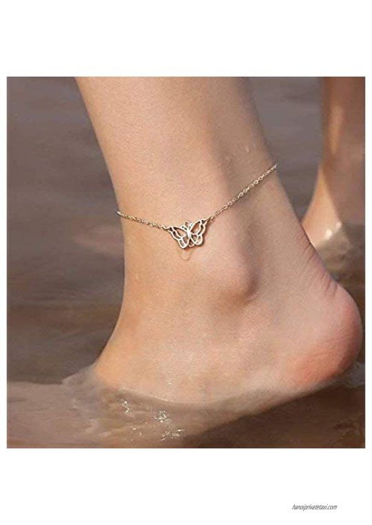 Dainty Ankle Bracelets for Women 2Pcs Handmade Layered Anklet Cute Butterfly Summer Ankle Bracelets for Women Boho Beach Foot Chain