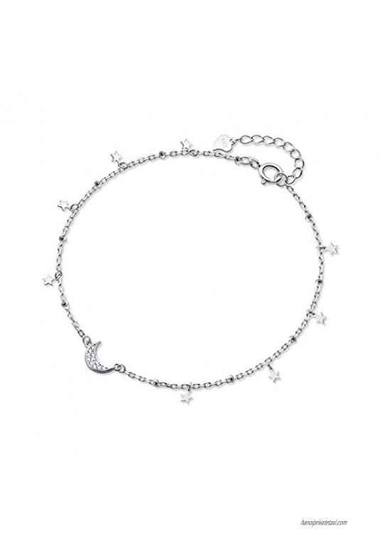 Dainty Star Crescent Moon Anklet Sterling Silver 925 Dangling Charm CZ Crystal Adjustable Foot Ankle Bracelet Sandbeach Party Foot Chain Summer Jewelry Gifts for Women Girls BFF