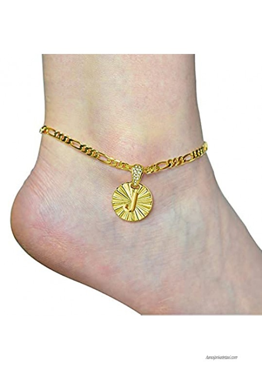 DayOfShe Initial Ankle Bracelets for Women 18K Real Gold Plated Figaro Chain Anklets with Bling Letter Charms Beach Accessories Jewelry for Vacation