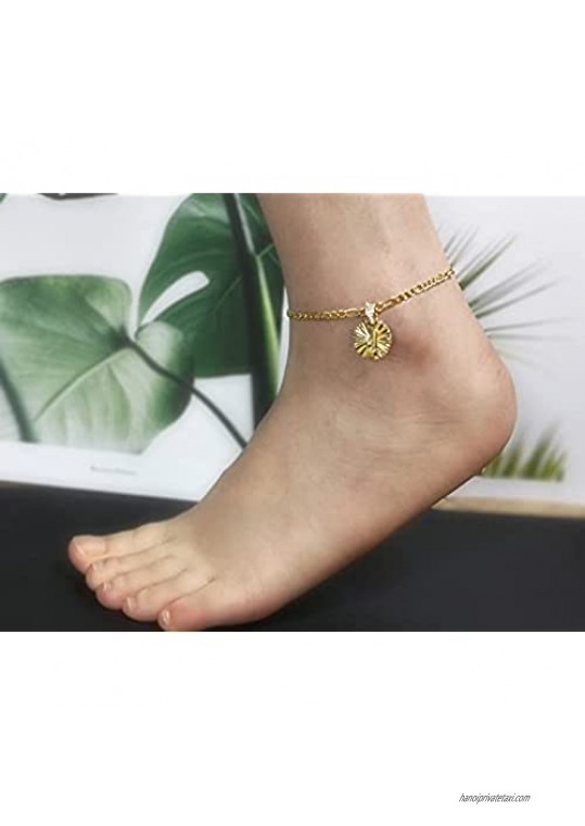 DayOfShe Initial Ankle Bracelets for Women 18K Real Gold Plated Figaro Chain Anklets with Bling Letter Charms Beach Accessories Jewelry for Vacation