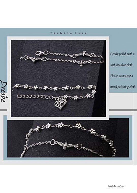 Dresbe Vintage Anklets Silver Layered Ankle Bracelet Bird Foot Chain Flower Foot Jewelry Accessories for Women and Girls