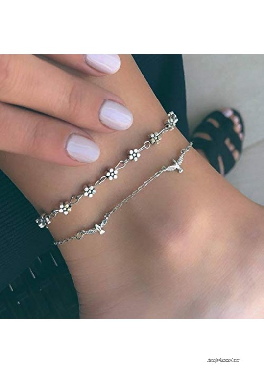 Dresbe Vintage Anklets Silver Layered Ankle Bracelet Bird Foot Chain Flower Foot Jewelry Accessories for Women and Girls