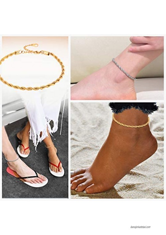FaithHeart Adjustable Anklet Chain for Women Girls Figaro/Cuban/Wheat/Twist Rope/Foot Bracelet Strong Chains Beach Men Barefoot Jewelry 18K Gold Plated or Stainless Steel