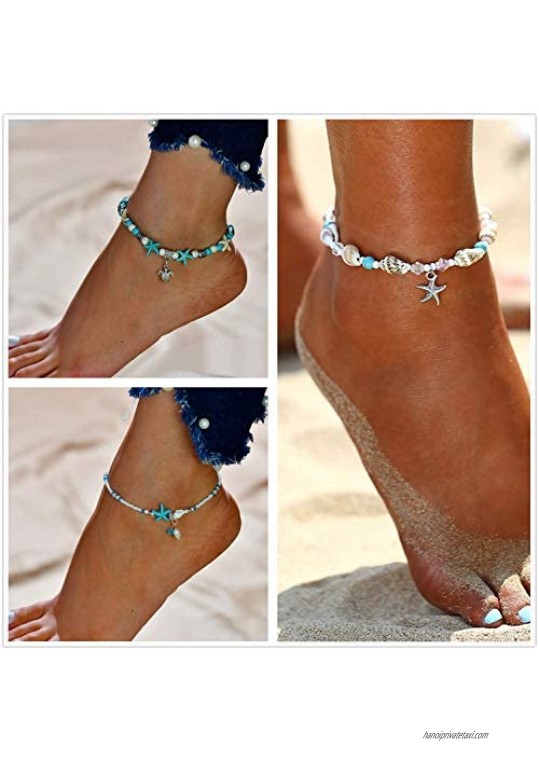 Finrezio 1-3Pcs Ankle Bracelets for Women Girls Bead Anklet Starfish Turtle Turquoise Stone Boho Beach Anklets Foot Chain Jewelry “Ocean Series”