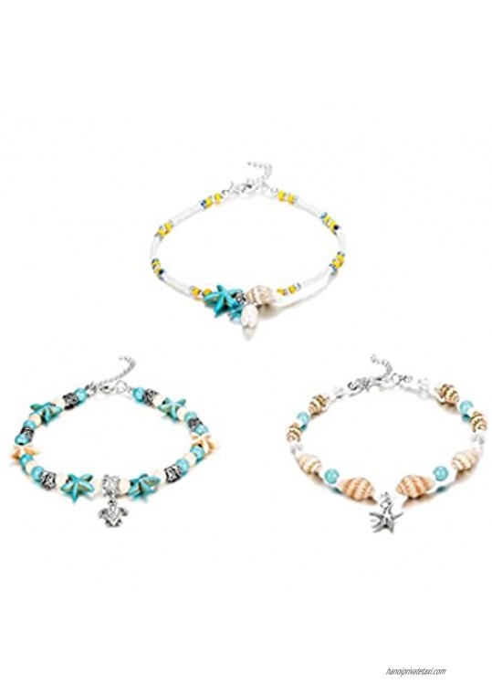 Finrezio 1-3Pcs Ankle Bracelets for Women Girls Bead Anklet Starfish Turtle Turquoise Stone Boho Beach Anklets Foot Chain Jewelry “Ocean Series”