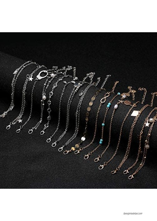 Finrezio 16Pcs Anklets for Women Silver Gold Ankle Bracelets Set Boho Layered Beach Adjustable Chain Anklet Foot Jewelry
