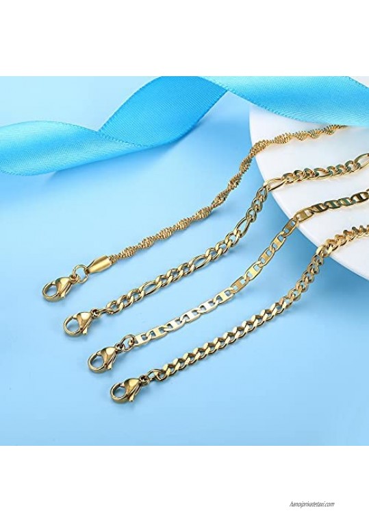 Finrezio 4PCS Stainless Steel Chain Ankle Bracelets for Women Teen Girls Curb Chain Cuban Link Figaro Chain Flat Mariner Link Chain Anklets Set Foot Beach Jewelry