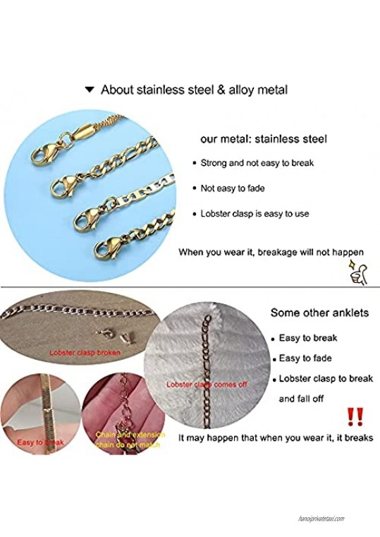 Finrezio 4PCS Stainless Steel Chain Ankle Bracelets for Women Teen Girls Curb Chain Cuban Link Figaro Chain Flat Mariner Link Chain Anklets Set Foot Beach Jewelry