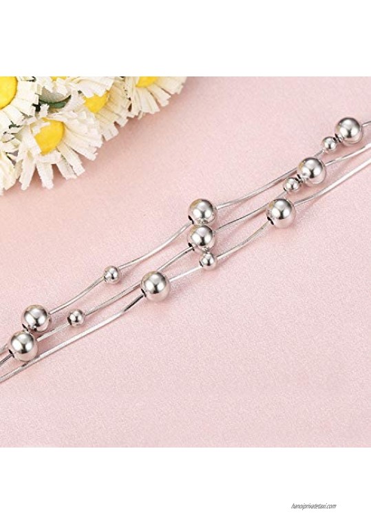 FUNRUN JEWELRY 925 Sterling Silver Bead Anklet for Women Girls Layered Chain Anklet Beach Foot Jewelry