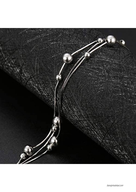 FUNRUN JEWELRY 925 Sterling Silver Bead Anklet for Women Girls Layered Chain Anklet Beach Foot Jewelry