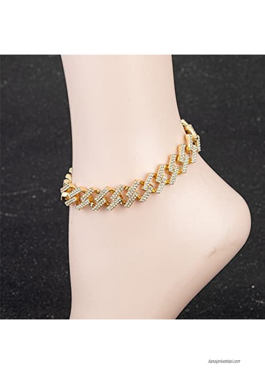 Gold Cuban Link Chain Anklet for Women Men Punk Hip-hop 15MM Wide Iced Out Two Line Rhinestones Filled Ankle Bracelets for Women Teen Girls 9/10/11 inches