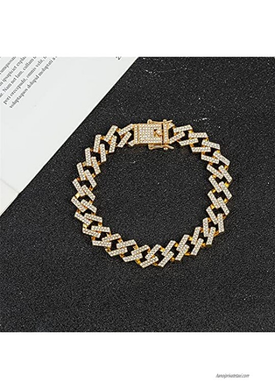 Gold Cuban Link Chain Anklet for Women Men Punk Hip-hop 15MM Wide Iced Out Two Line Rhinestones Filled Ankle Bracelets for Women Teen Girls 9/10/11 inches