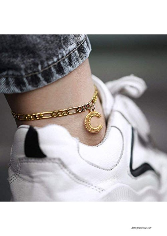 GOLDCHIC JEWELRY Anklets with Initials Personalized Waterproof 4.5MM Wide Resizable 18K Gold Plated Figaro Chain Initial Letter Ankle Bracelets for Women Summer Jewelry 22-27cm Length