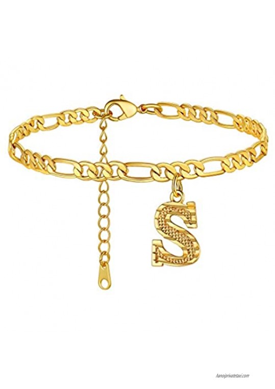 GOLDCHIC JEWELRY Anklets with Initials  Personalized Waterproof 4.5MM Wide Resizable 18K Gold Plated Figaro Chain Initial Letter Ankle Bracelets for Women Summer Jewelry  22-27cm Length