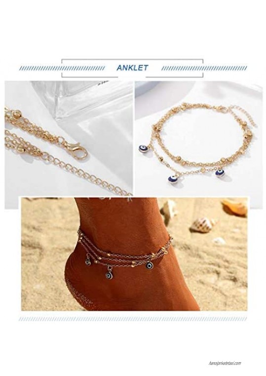 Hermashy Boho Layered Anklets Gold Evil Eye Pendant Ankle Bracelets Foot Chain Fashion Jewelry for Women and Girls