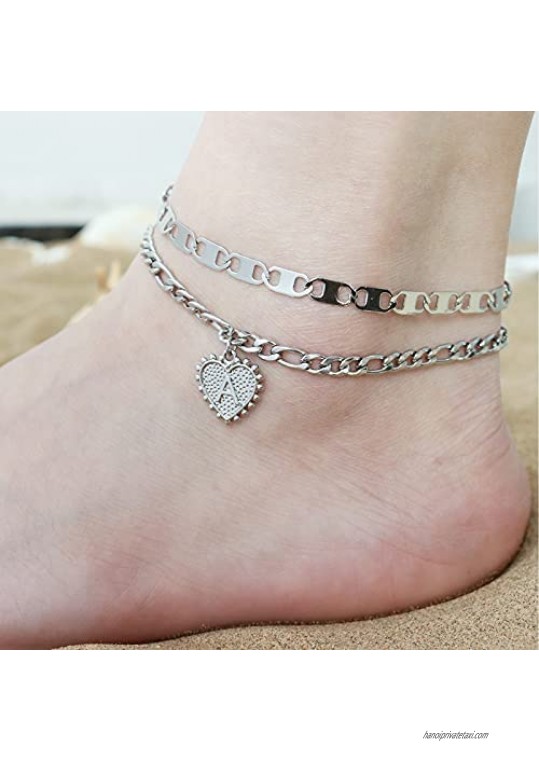 HUASAI Silver Initial Anklet for Women Silver Cuban Link Anklet Bracelet for Women Men Dainty Letter Name Ankle for Teen Girls