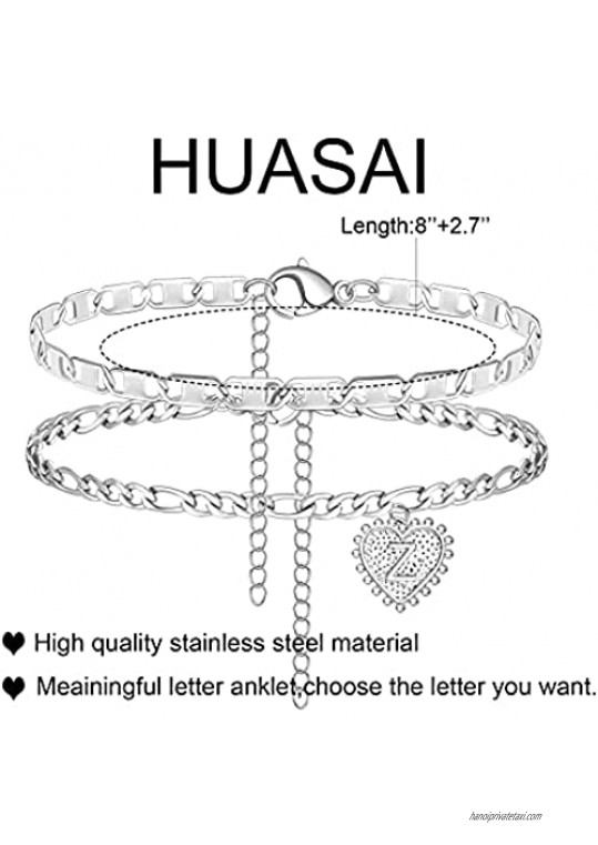 HUASAI Silver Initial Anklet for Women Silver Cuban Link Anklet Bracelet for Women Men Dainty Letter Name Ankle for Teen Girls