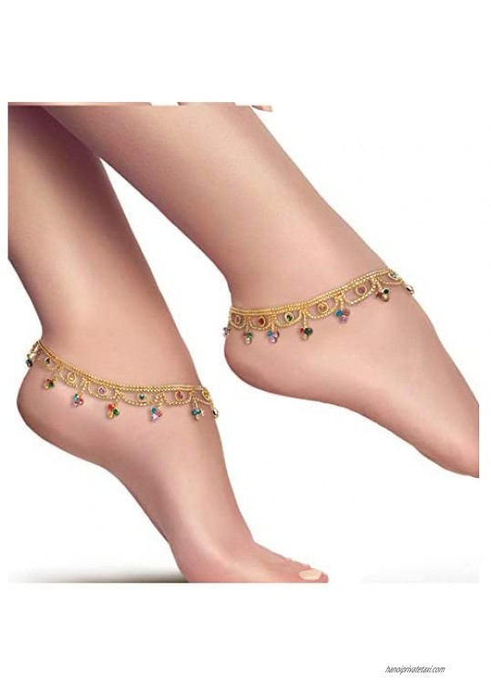 Indian Pakistani Ethnic Gold Plated Payal Anklet Pair with Curved Edge Multi Color Glass Stones
