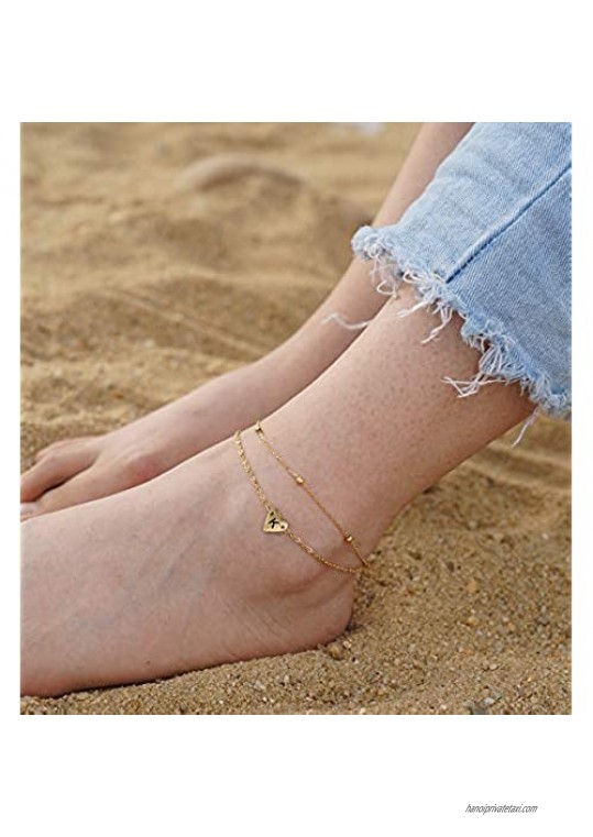 Initial Heart Anklet Bracelet Layered Heart Letters A to Z Alphabet Beads Chain Anklet for Women 14K Real Gold Plated Beach Foot Chain Jewelry