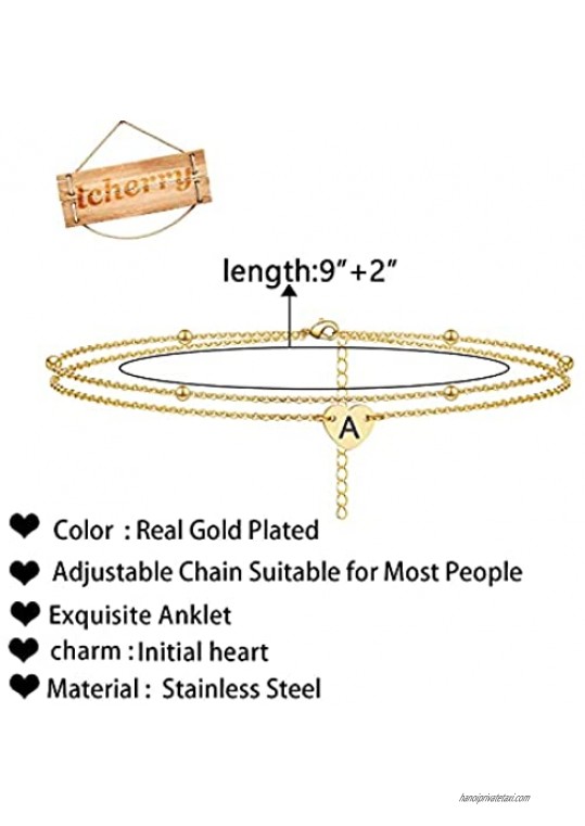 Initial Heart Anklet Bracelet Layered Heart Letters A to Z Alphabet Beads Chain Anklet for Women 14K Real Gold Plated Beach Foot Chain Jewelry