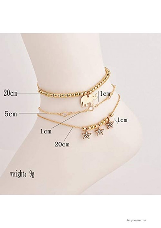 Jeairts Beach Crystal Stars Pendant Anklet Gold Elephant Anklets Bracelets Layered Foot Chain Jewelry for Women and Girls