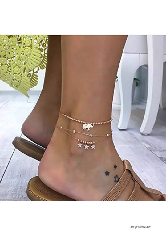 Jeairts Beach Crystal Stars Pendant Anklet Gold Elephant Anklets Bracelets Layered Foot Chain Jewelry for Women and Girls