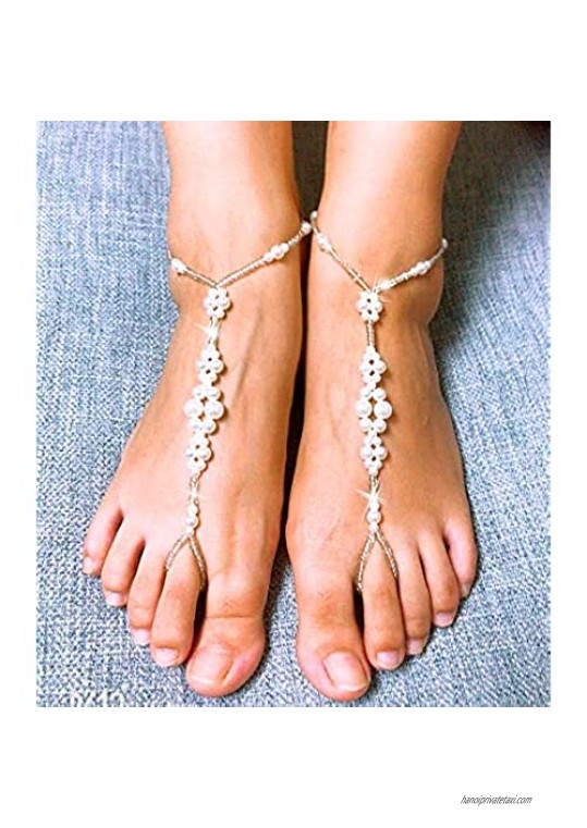 JEWSUN 2 PC Wedding Barefoot Sandals-Bridal Barefoot Sandals-Foot Jewelry-Wedding Sandals-Footless Sandals-Slave Anklet-Wedding Accessories-Beaded Sandles