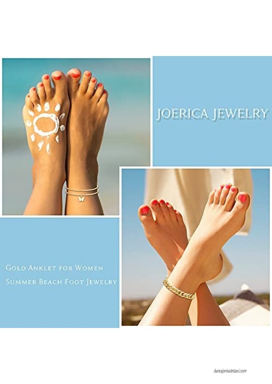 JOERICA 3Pcs Gold Anklet for Women Butterfly Lock Figaro/Cuban/Rope/Paperclip Link Chain Anklet Adjustable Beach Foot Jewelry