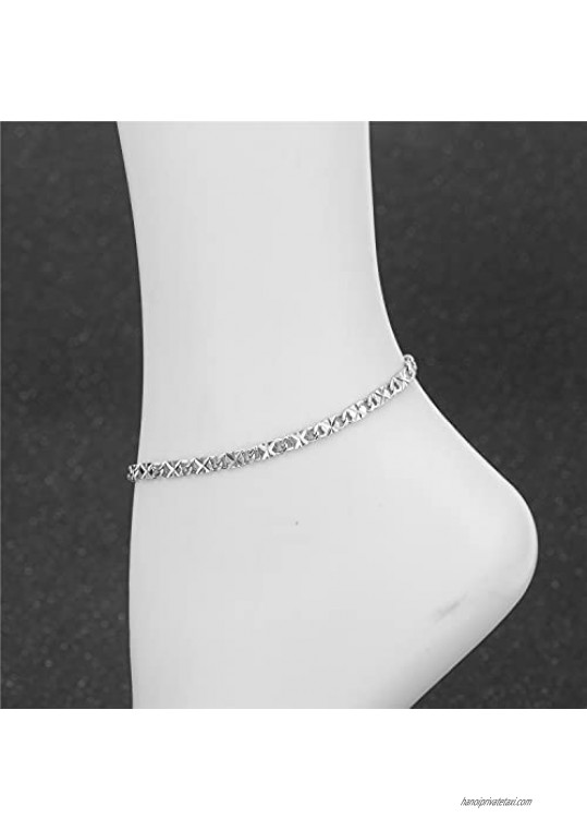 kelistom 14k White Gold Plated 4mm Flat Diamond Cut Star Link Chain Anklet Ankle Bracelet for Women Men 9 10 11 inches