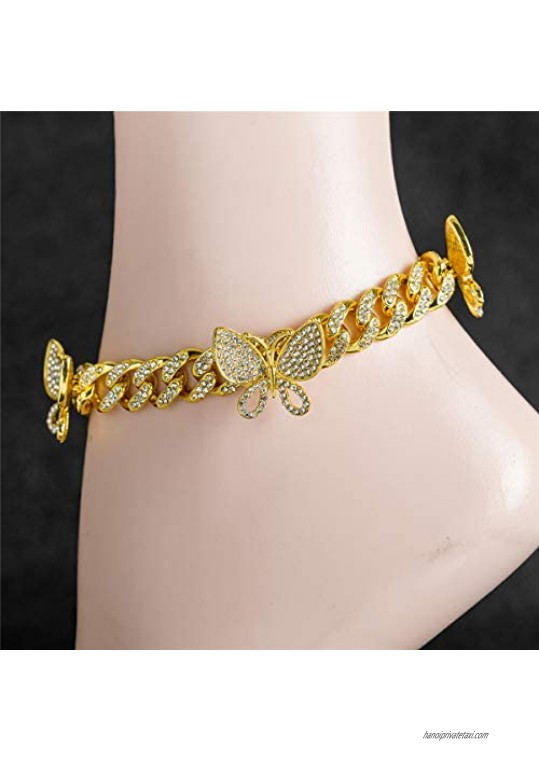 kelistom 18K/White Gold Plated Spinning Butterfly Anklet for Women Teen Girls Men 12MM Iced Out Rhinestones Filled Chain Punk Hip-hop Ankle Bracelet 9/10 inches