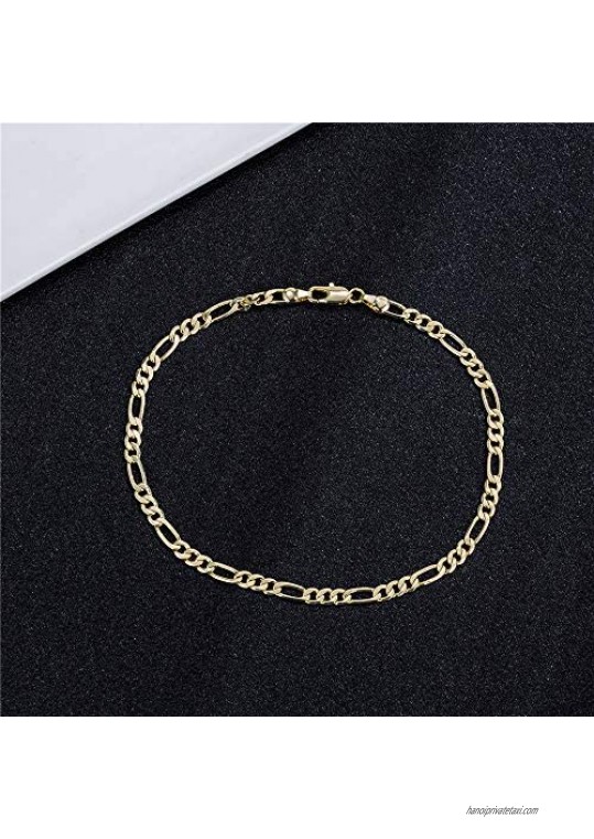 kelistom 4mm Wide Gold Figaro Link Chain Flat Anklet 14K Gold / 18K Gold/White Gold Plated Ankle Bracelet for Women Men 9 10 11 inches