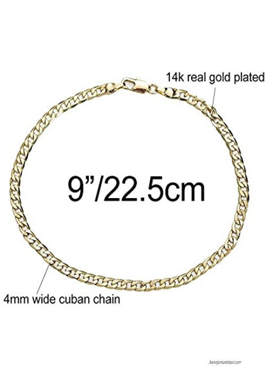 kelistom Gold Cuban Link Anklet Bracelet for Women Men Flat Diamond Cut Curb Chain 14K Gold / 18K Gold/White Gold Plated Ankle Bracelets for Women Men 9 10 11 inches