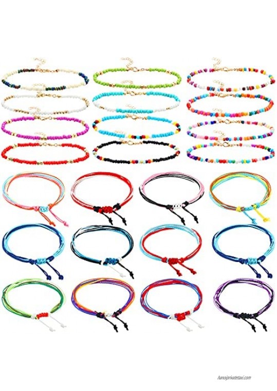 Kenning 24 Pieces Beaded Anklets Friendship Braided Bracelets Colorful Boho Beads Ankle Layered Bracelets for Women Girls